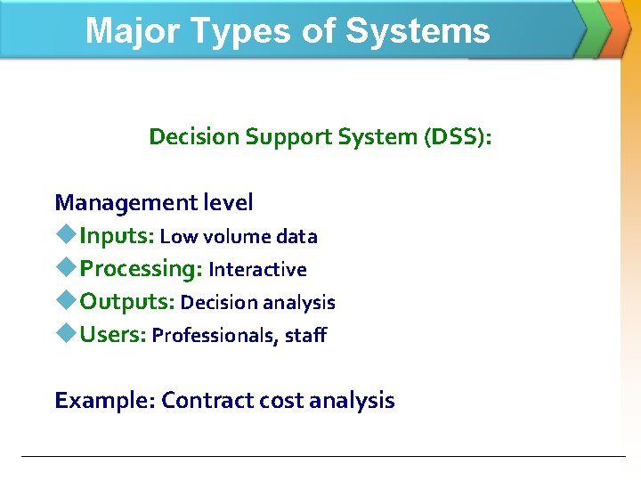 Major Types of Systems Decision Support System (DSS): Management level u. Inputs: Low volume