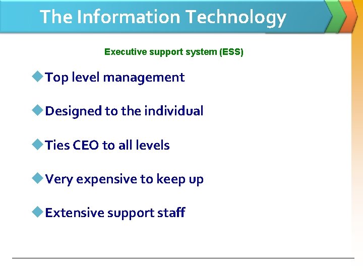 The Information Technology Executive support system (ESS) u. Top level management u. Designed to