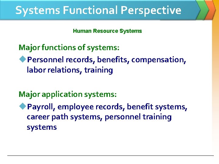 Systems Functional Perspective Human Resource Systems Major functions of systems: u. Personnel records, benefits,