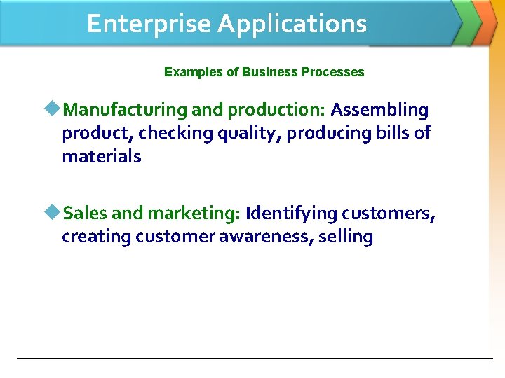 Enterprise Applications Examples of Business Processes u. Manufacturing and production: Assembling product, checking quality,