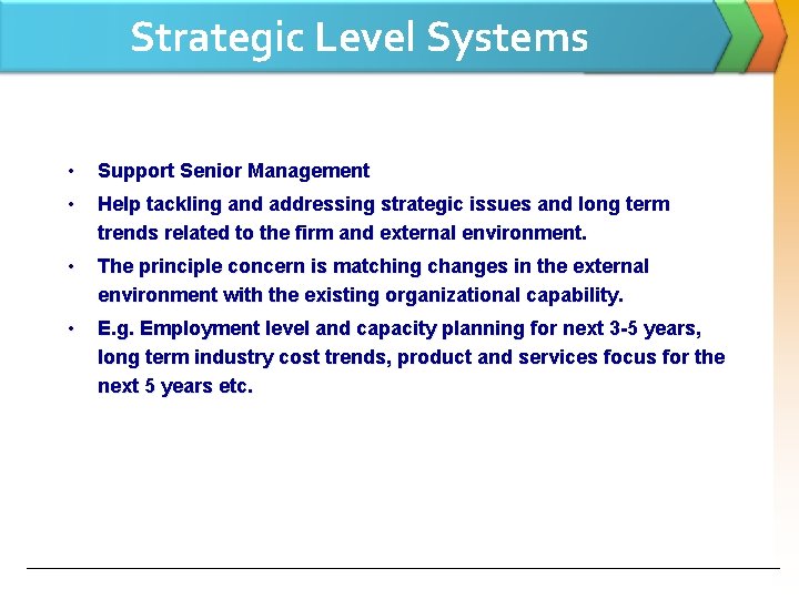 Strategic Level Systems • Support Senior Management • Help tackling and addressing strategic issues