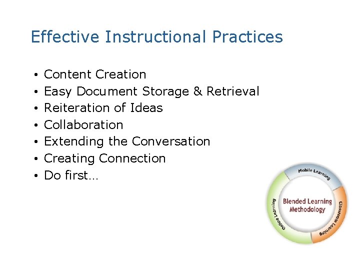 Effective Instructional Practices • • Content Creation Easy Document Storage & Retrieval Reiteration of