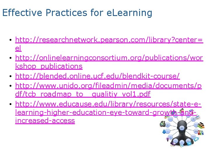 Effective Practices for e. Learning • http: //researchnetwork. pearson. com/library? center= el • http: