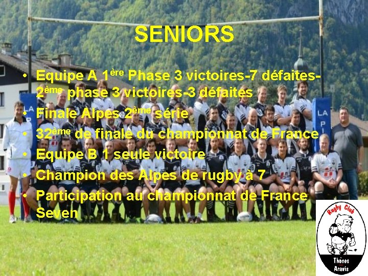SENIORS • Equipe A 1ère Phase 3 victoires-7 défaites 2ème phase 3 victoires-3 défaites