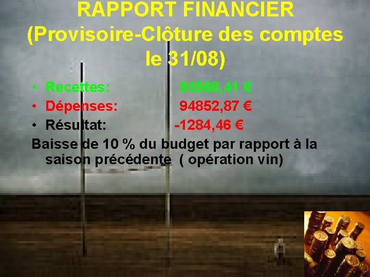 RAPPORT FINANCIER (Provisoire-Clôture des comptes le 31/08) • Recettes: 93568, 41 € • Dépenses: