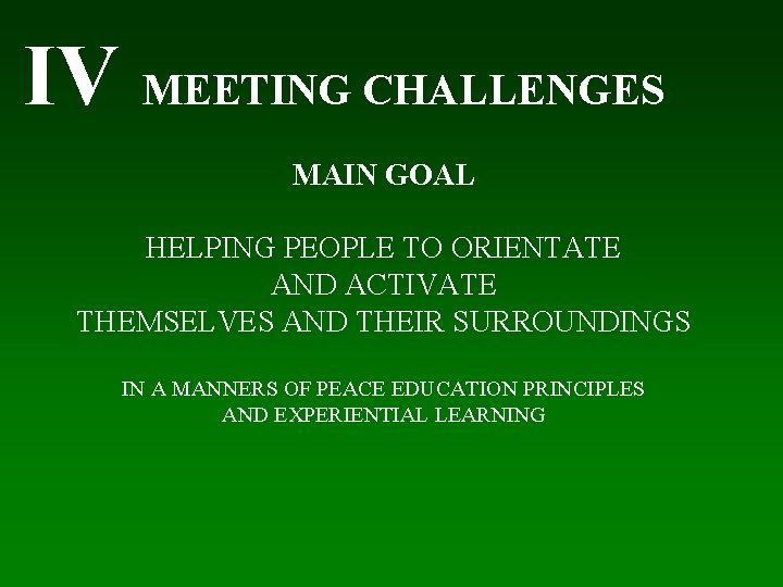 IV MEETING CHALLENGES MAIN GOAL HELPING PEOPLE TO ORIENTATE AND ACTIVATE THEMSELVES AND THEIR