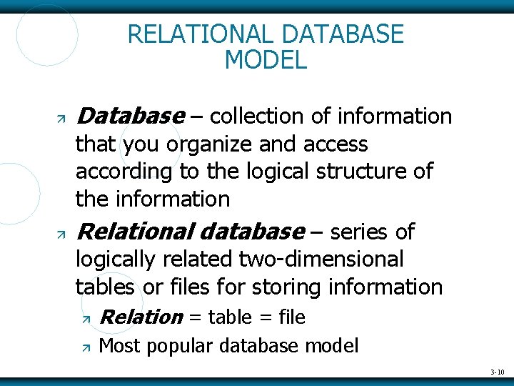 RELATIONAL DATABASE MODEL Database – collection of information that you organize and access according