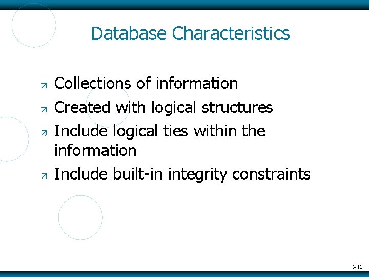 Database Characteristics Collections of information Created with logical structures Include logical ties within the