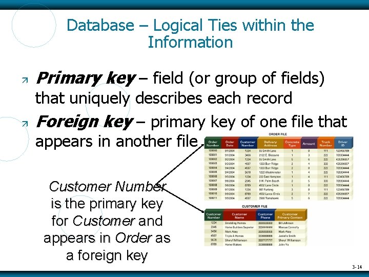 Database – Logical Ties within the Information Primary key – field (or group of