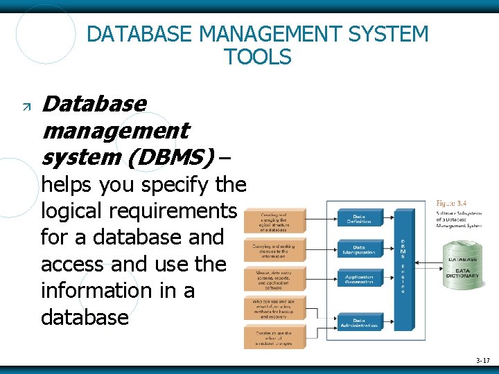 DATABASE MANAGEMENT SYSTEM TOOLS Database management system (DBMS) – helps you specify the logical