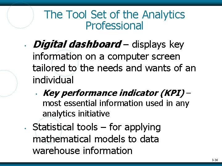 The Tool Set of the Analytics Professional • Digital dashboard – displays key information