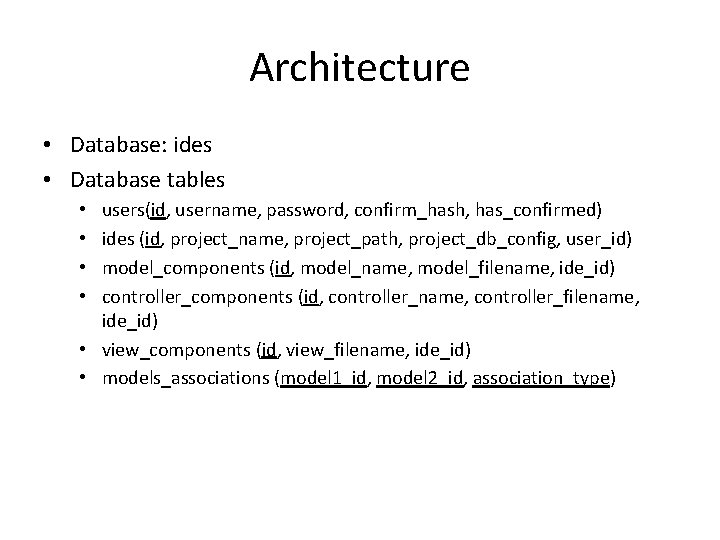Architecture • Database: ides • Database tables users(id, username, password, confirm_hash, has_confirmed) ides (id,