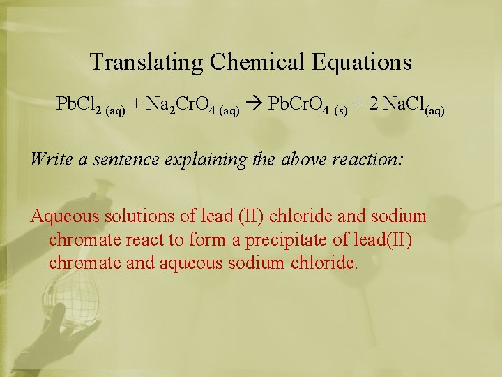 Translating Chemical Equations Pb. Cl 2 (aq) + Na 2 Cr. O 4 (aq)