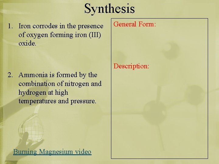 Synthesis 1. Iron corrodes in the presence of oxygen forming iron (III) oxide. General