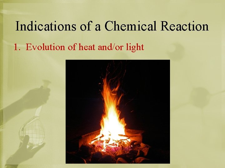 Indications of a Chemical Reaction 1. Evolution of heat and/or light 