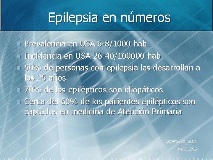 Epilepsia en números n n n Prevalencia en USA 6 -8/1000 hab Incidencia en