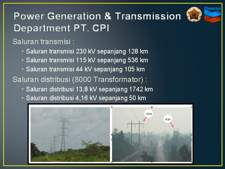 Power Generation & Transmission Department PT. CPI Saluran transmisi : • Saluran transmisi 230