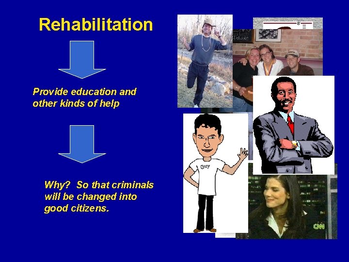 Rehabilitation Provide education and other kinds of help Why? So that criminals will be