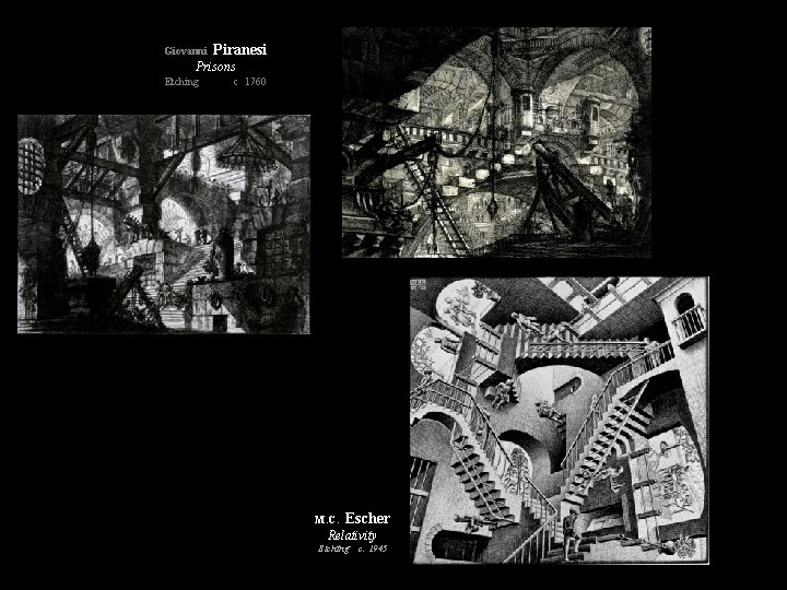 Giovanni Piranesi Prisons Etching c 1760 M. C. Escher Relativity Etching c. 1945 