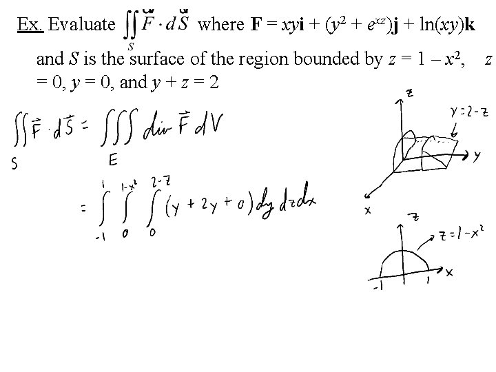 Ex. Evaluate where F = xyi + (y 2 + exz)j + ln(xy)k and
