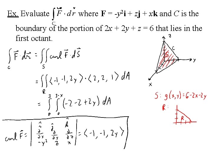 Ex. Evaluate where F = -y 2 i + zj + xk and C