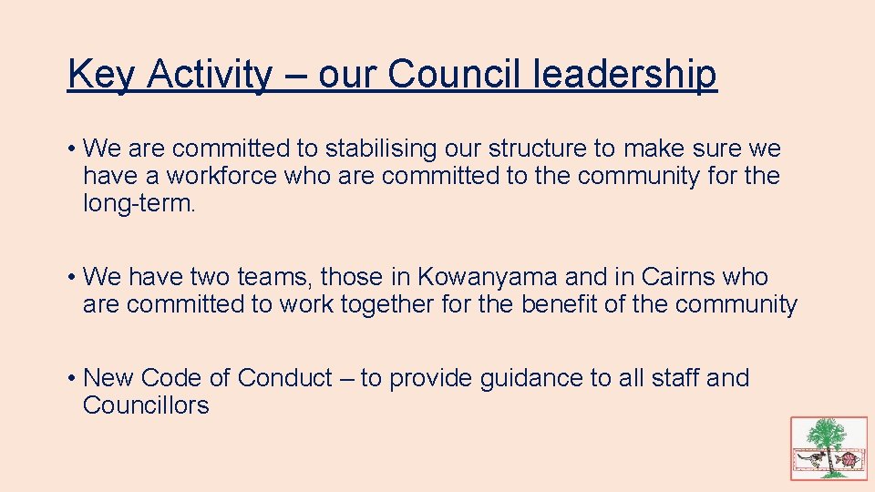 Key Activity – our Council leadership • We are committed to stabilising our structure