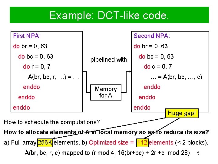 Example: DCT-like code. First NPA: Second NPA: do br = 0, 63 do bc