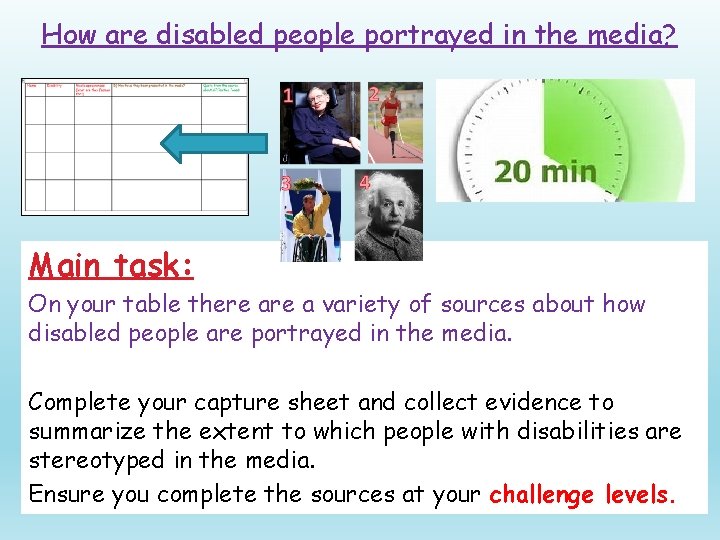 How are disabled people portrayed in the media? Main task: On your table there
