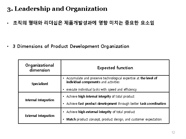 3. Leadership and Organization • 조직의 형태와 리더십은 제품개발성과에 영향 미치는 중요한 요소임 •