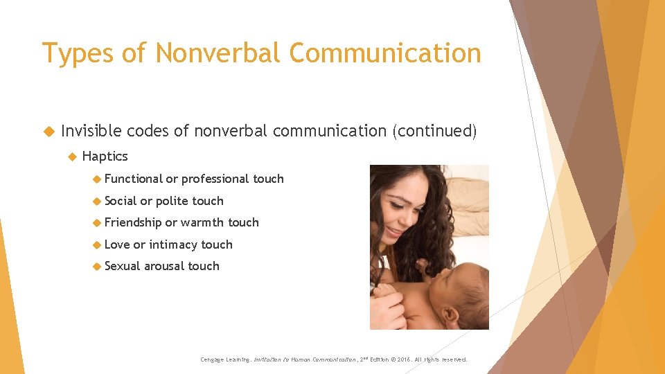 Types of Nonverbal Communication Invisible codes of nonverbal communication (continued) Haptics Functional Social or