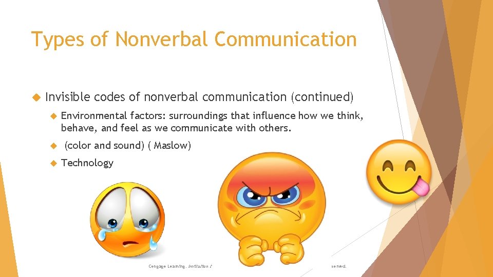 Types of Nonverbal Communication Invisible codes of nonverbal communication (continued) Environmental factors: surroundings that
