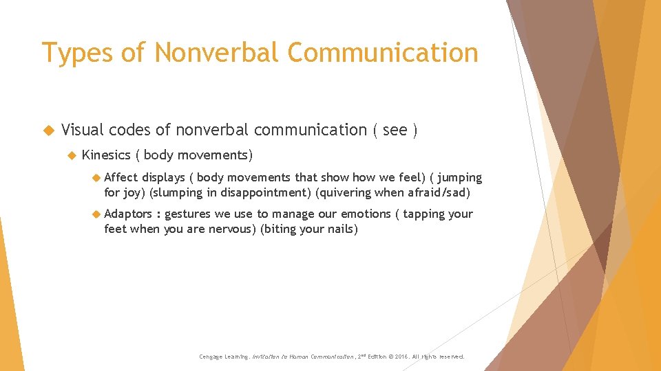 Types of Nonverbal Communication Visual codes of nonverbal communication ( see ) Kinesics (