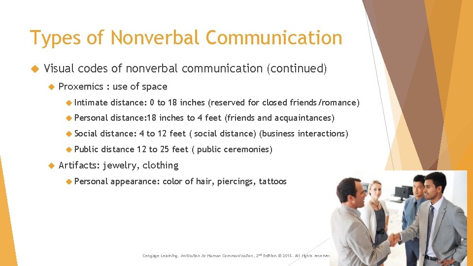 Types of Nonverbal Communication Visual codes of nonverbal communication (continued) Proxemics : use of