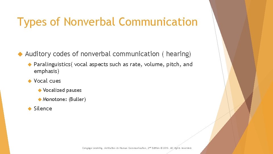 Types of Nonverbal Communication Auditory codes of nonverbal communication ( hearing) Paralinguistics( vocal aspects