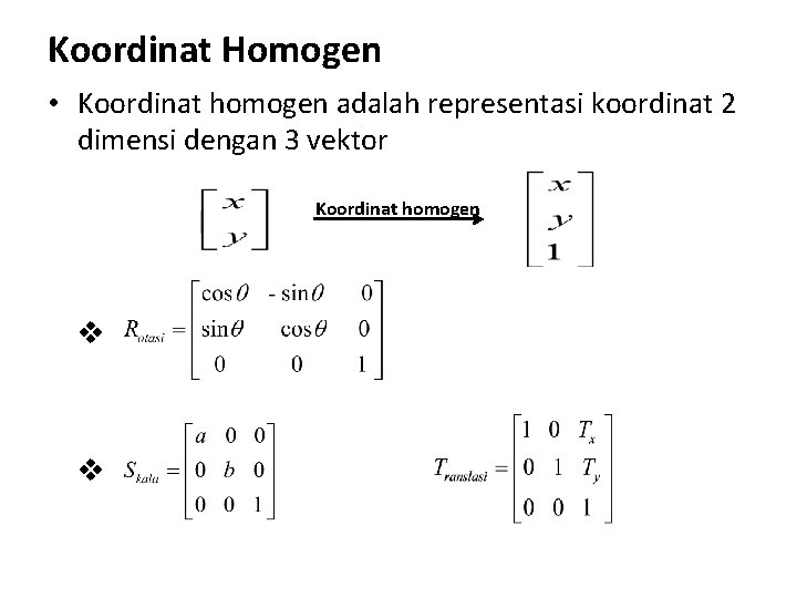 Koordinat Homogen • Koordinat homogen adalah representasi koordinat 2 dimensi dengan 3 vektor Koordinat