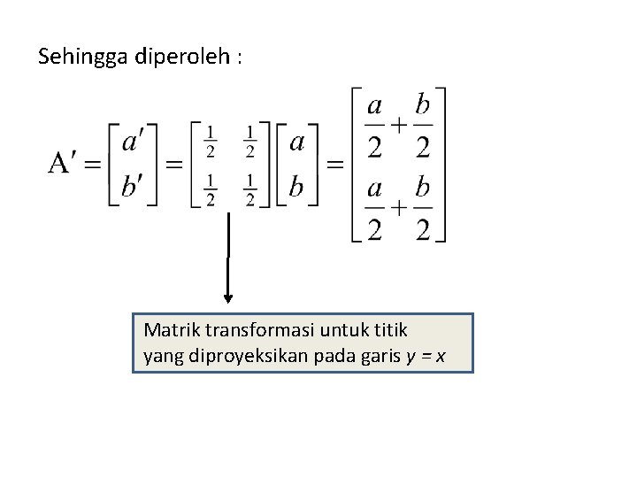 Sehingga diperoleh : Matrik transformasi untuk titik yang diproyeksikan pada garis y = x