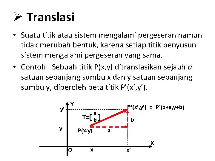 Ø Translasi • Suatu titik atau sistem mengalami pergeseran namun tidak merubah bentuk, karena