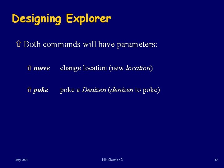 Designing Explorer ñ Both commands will have parameters: ñ move change location (new location) Designing Explorer ñ Both commands will have parameters: ñ move change location (new location)