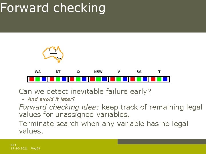 Forward checking Can we detect inevitable failure early? – And avoid it later? Forward