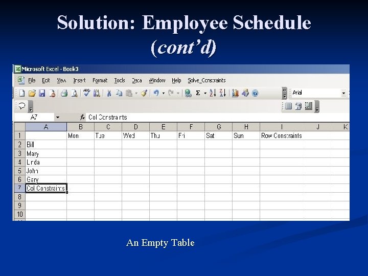 Solution: Employee Schedule (cont’d) An Empty Table 