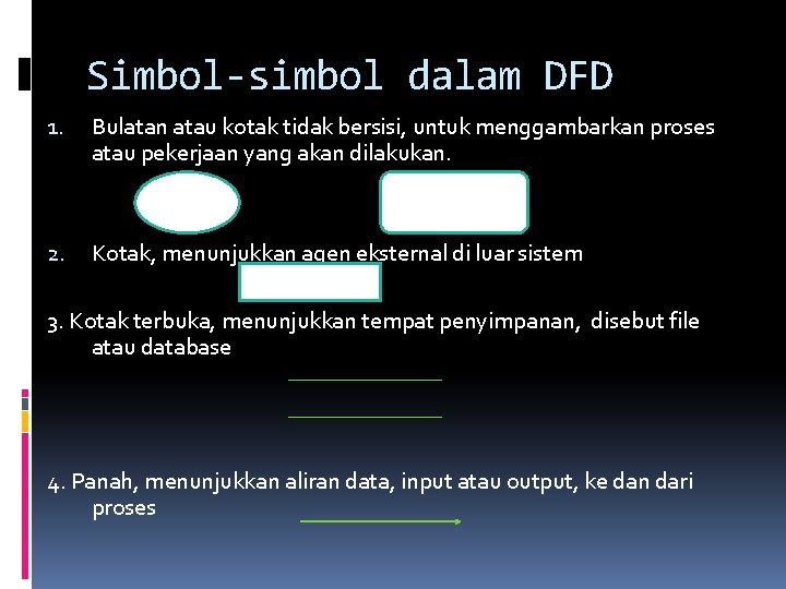 Simbol-simbol dalam DFD 1. Bulatan atau kotak tidak bersisi, untuk menggambarkan proses atau pekerjaan