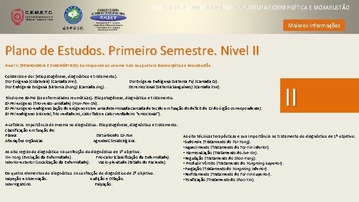 MÁSTER IBERO-AMERICANO EM ACUPUNTURA BIOENERGÉTICA E MOXABUSTÃO Maiores Informações Plano de Estudos. Primeiro Semestre.