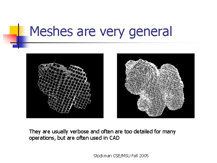 Meshes are very general They are usually verbose and often are too detailed for Meshes are very general They are usually verbose and often are too detailed for