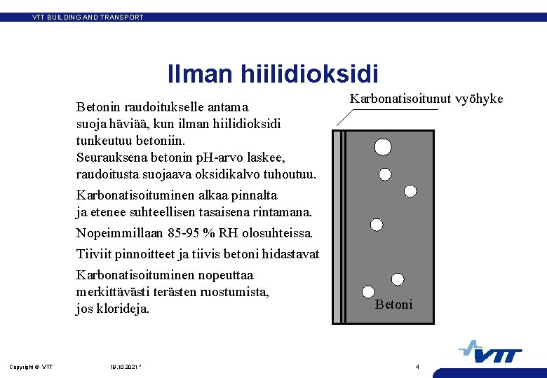 VTT BUILDING AND TRANSPORT Ilman hiilidioksidi Betonin raudoitukselle antama suoja häviää, kun ilman hiilidioksidi