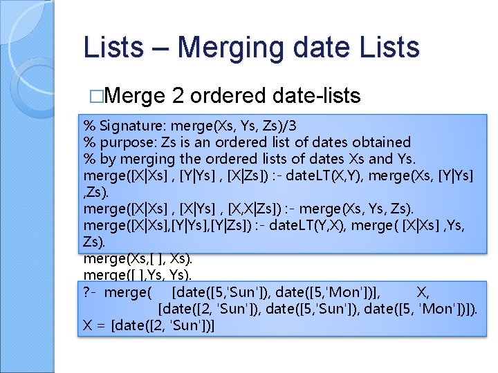 Lists – Merging date Lists �Merge 2 ordered date-lists % Signature: merge(Xs, Ys, Zs)/3