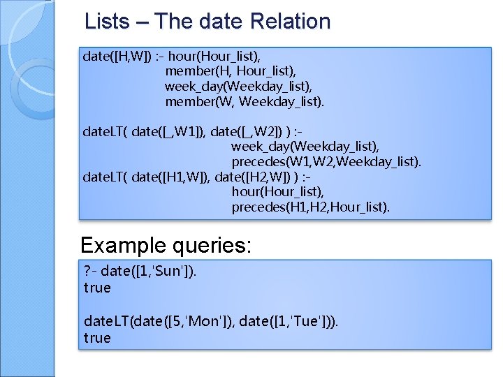 Lists – The date Relation date([H, W]) : - hour(Hour_list), member(H, Hour_list), week_day(Weekday_list), member(W,