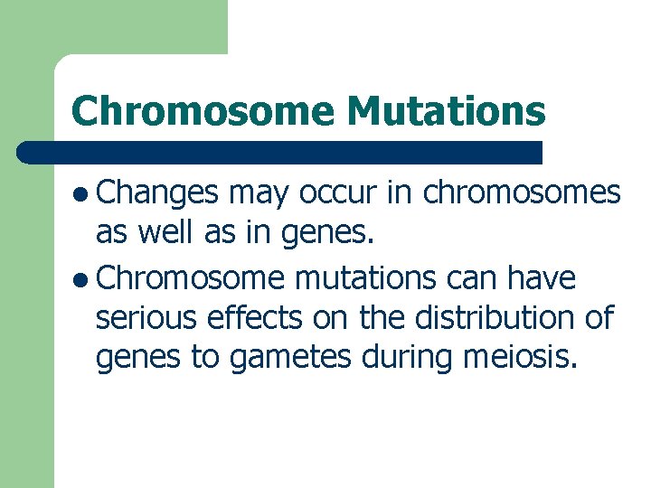 Chromosome Mutations l Changes may occur in chromosomes as well as in genes. l