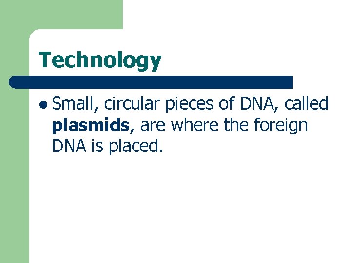 Technology l Small, circular pieces of DNA, called plasmids, are where the foreign DNA
