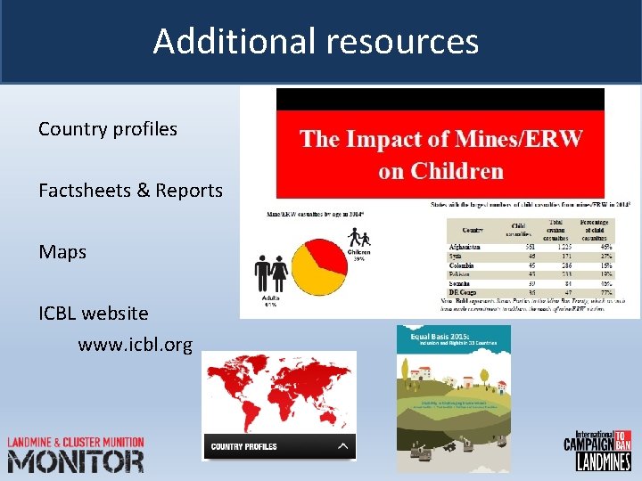 Additional resources Country profiles Factsheets & Reports Maps ICBL website www. icbl. org 
