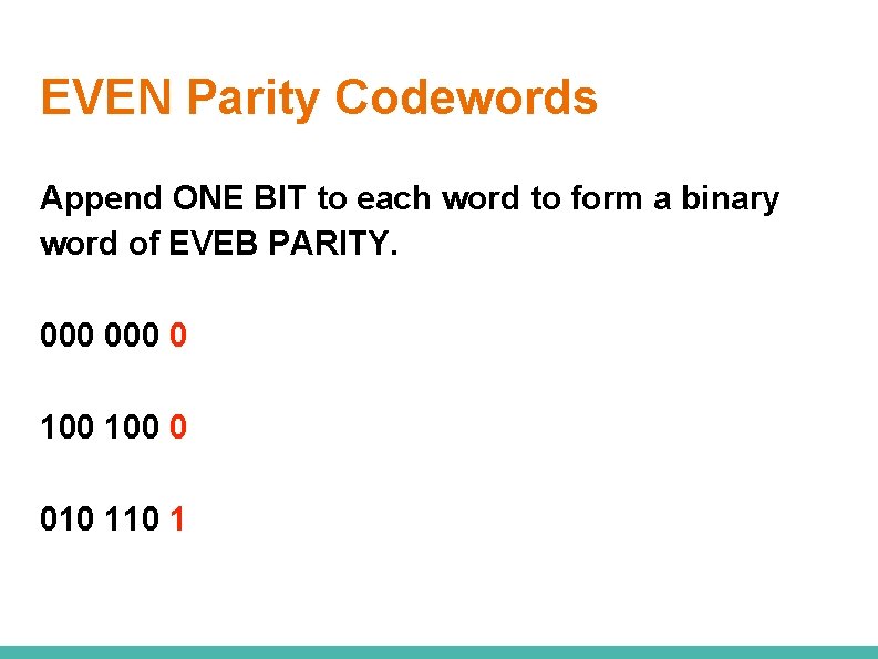 EVEN Parity Codewords Append ONE BIT to each word to form a binary word